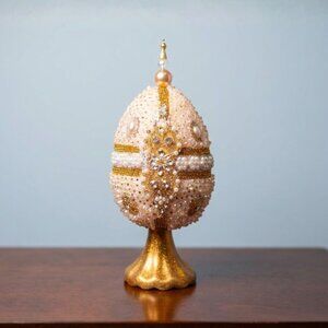 Handmade Faberge-Style Jeweled Easter Egg Made With Vintage Jewelry Centerpiece